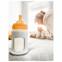 Hevea Biberon en verre à col large avec housse de protection Débit lent | Vert amande Best