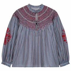 Louise Misha Blouse Pal Rayée Voile de Coton - Collection Femme | Bleu Acier Online