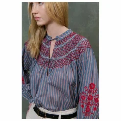 Louise Misha Blouse Pal Rayée Voile de Coton - Collection Femme | Bleu Acier Online