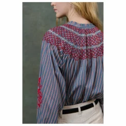 Louise Misha Blouse Pal Rayée Voile de Coton - Collection Femme | Bleu Acier Online