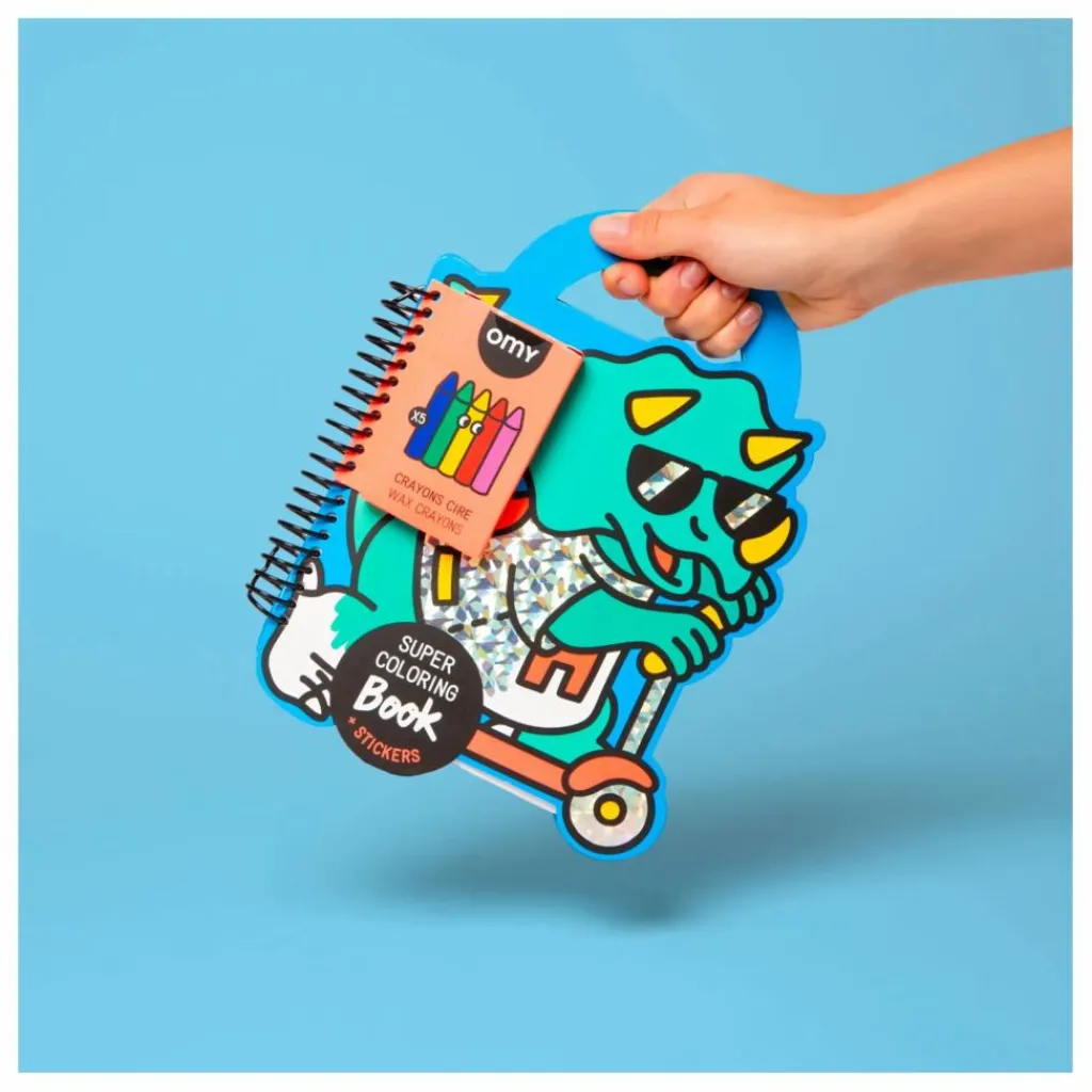 Omy Cahier de coloriage avec stickers Dino Bleu New