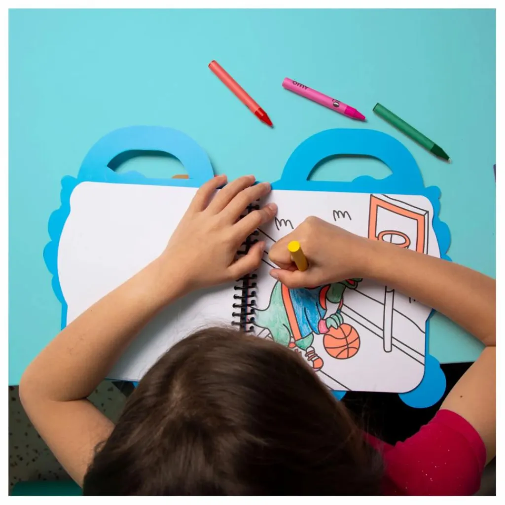 Omy Cahier de coloriage avec stickers Dino Bleu New