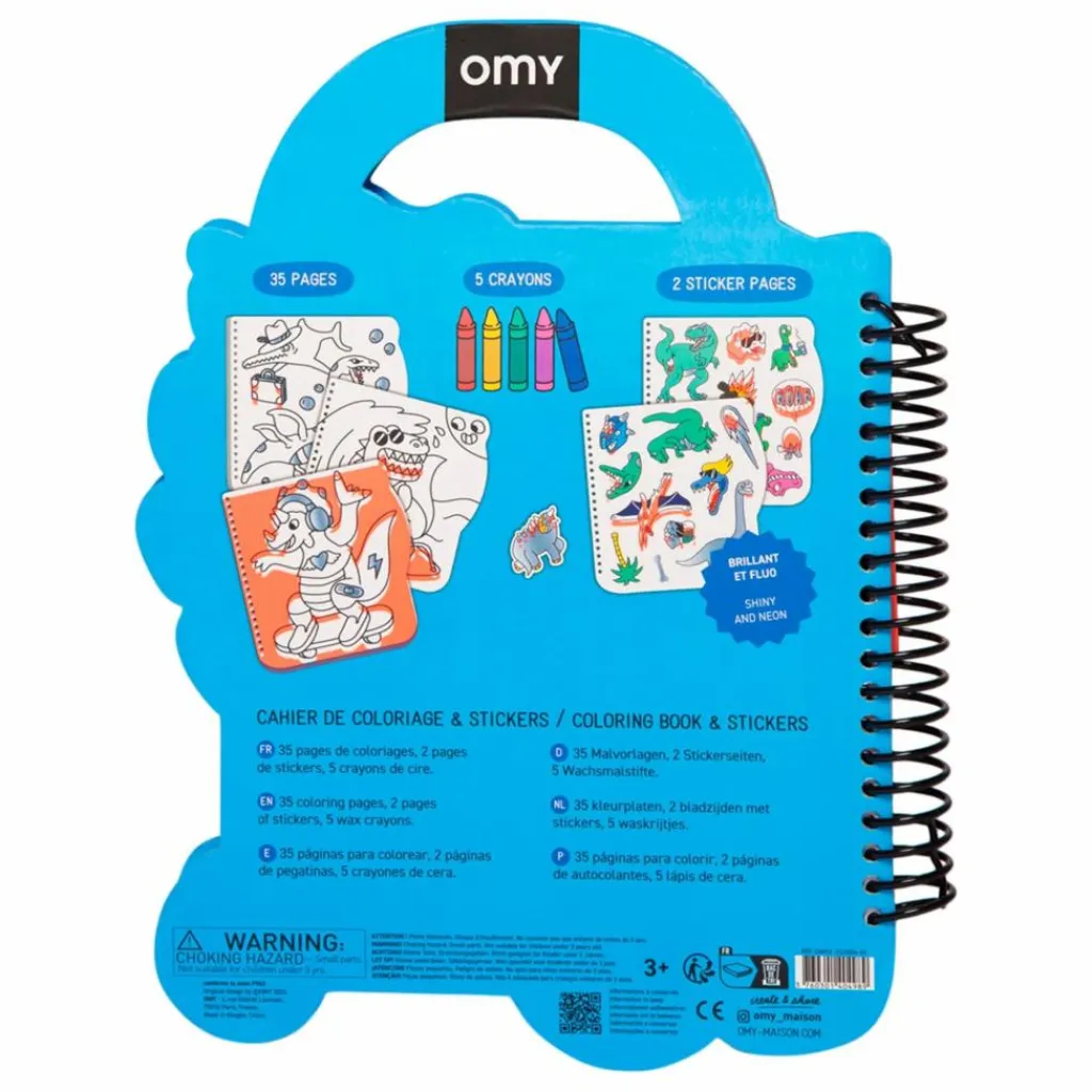 Omy Cahier de coloriage avec stickers Dino Bleu New