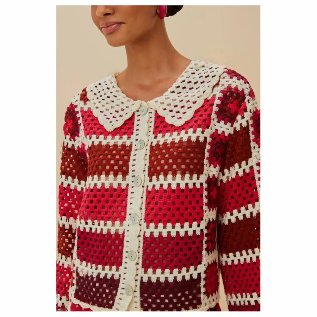 Farm Rio Cardigan Colorful Crochet Tiles | Rouge Hot
