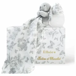 Elhée Coffret biberon en silicone médical et doudou lange Augustin le lapin Toile de Jouy - x Tartine et Chocolat | Gris Outlet