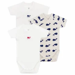 Petit Bateau Lot 3 Bodies Naissance Baleines Coton Bio |