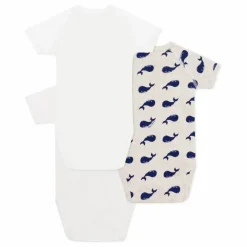 Petit Bateau Lot 3 Bodies Naissance Baleines Coton Bio |