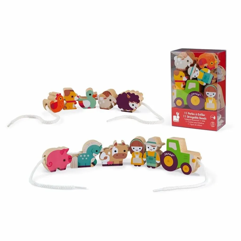 Janod Perles à enfiler en bois Ferme - Set de 11 Multicolore Outlet