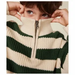 Petit Bateau Pull Col Zippé Rayé | Vert kaki