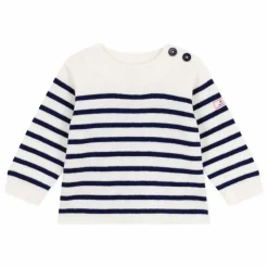 Outlet Petit Bateau Pull Marinière Logo Laine | Blanc