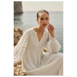 Alma Deia Robe Brodé Manches Longues en Coton Bio | Blanc cassé