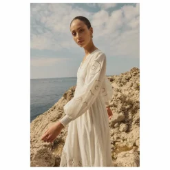 Alma Deia Robe Brodé Manches Longues en Coton Bio | Blanc cassé