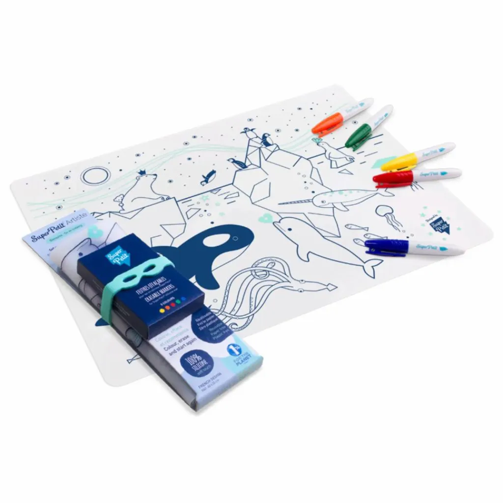 New Superpetit Set de table à colorier avec 5 feutres et un bracelet Sur la banquise Bleu
